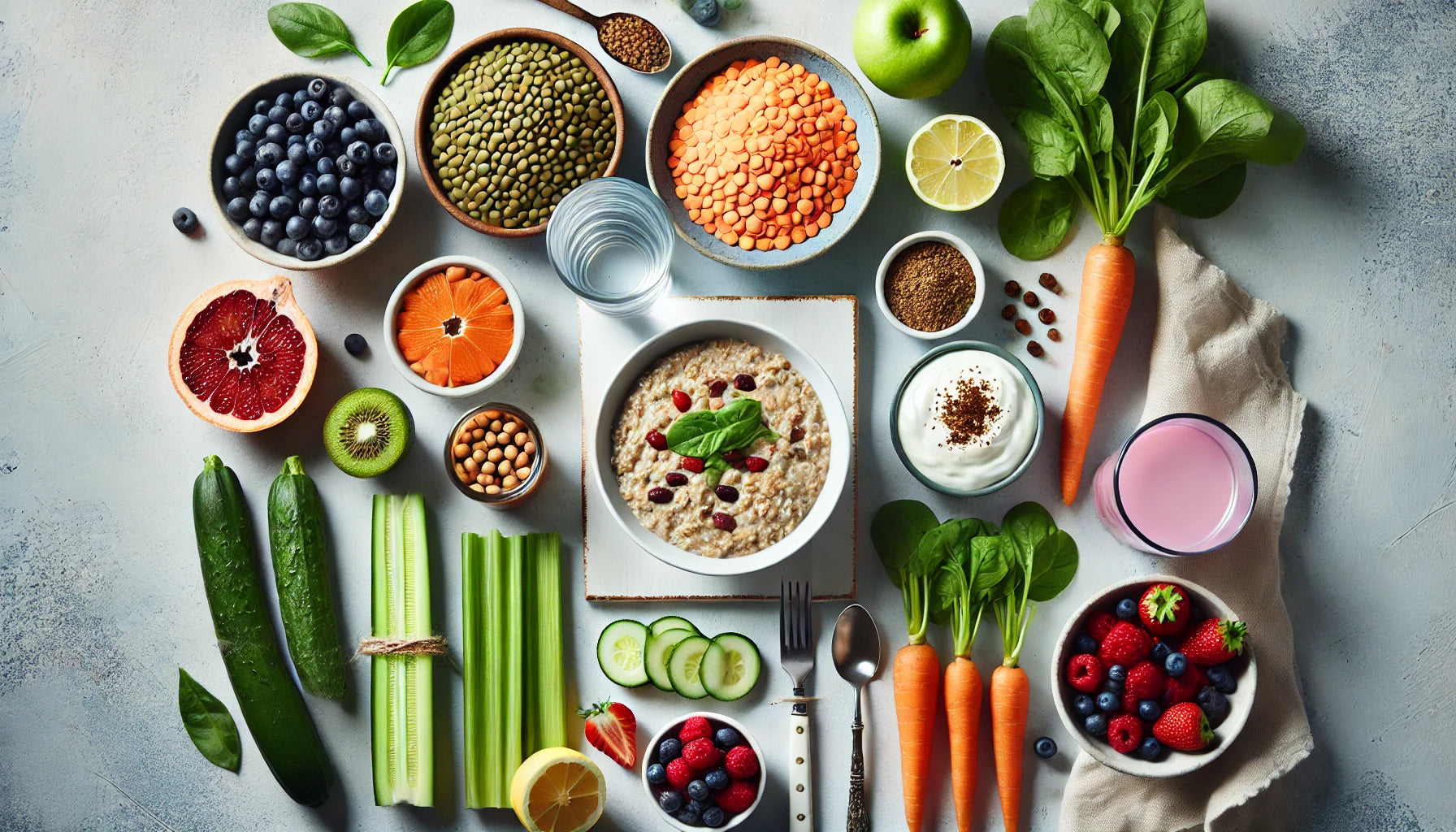 A colorful spread of healthy foods, including oats, lentils, beans, spinach, berries, carrots, cucumber, celery, citrus fruits, an apple, yogurt, lemon, and a glass of pink smoothie on a light background.