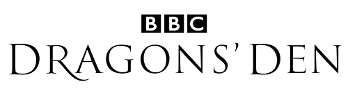 BBC Dragons Den logo with BBC in white on a black background above DRAGONS DEN in elegant black serif font on a light background.
