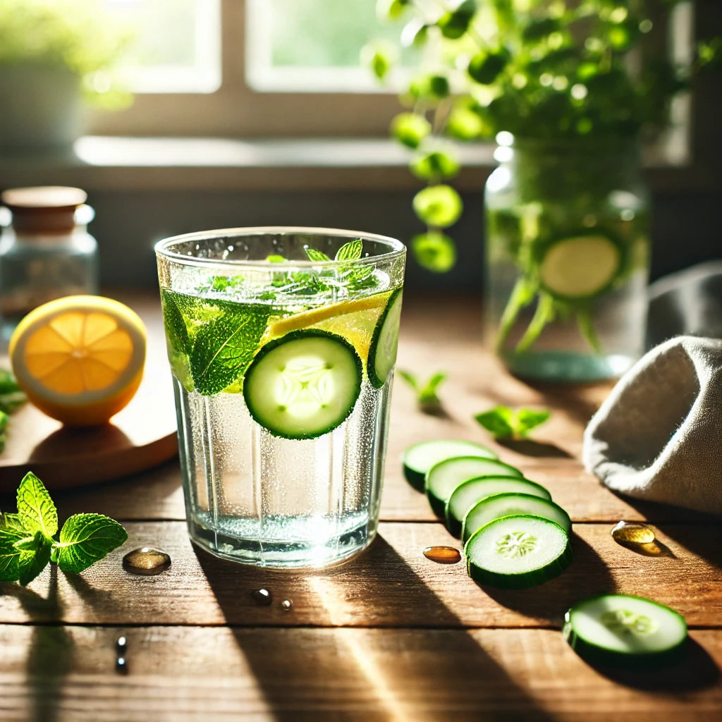 A glass of water with cucumber slices and mint sits on a wooden table, surrounded by fresh mint leaves, cucumber slices, a half lemon, and a jar of cucumber water, with sunlight streaming in through a window.