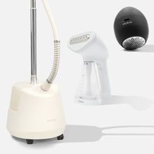 On a white background: Fridjas Garment Care Trio—f10 standing steamer, f40 handheld steamer, and f1200 black portable fabric shaver—keeps your wardrobe fresh and flawless.