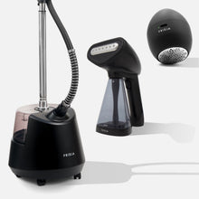 The Garment Care Trio - f10, f40 and f1200 by Fridja includes a standing steamer, handheld steamer, and fabric shaver in black, all displayed on a white background for seamless garment care.