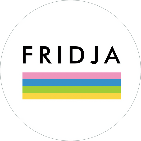 The image shows the word FRIDJA in bold black letters above four horizontal stripes in pink, blue, green, and yellow, all on a white circular background.