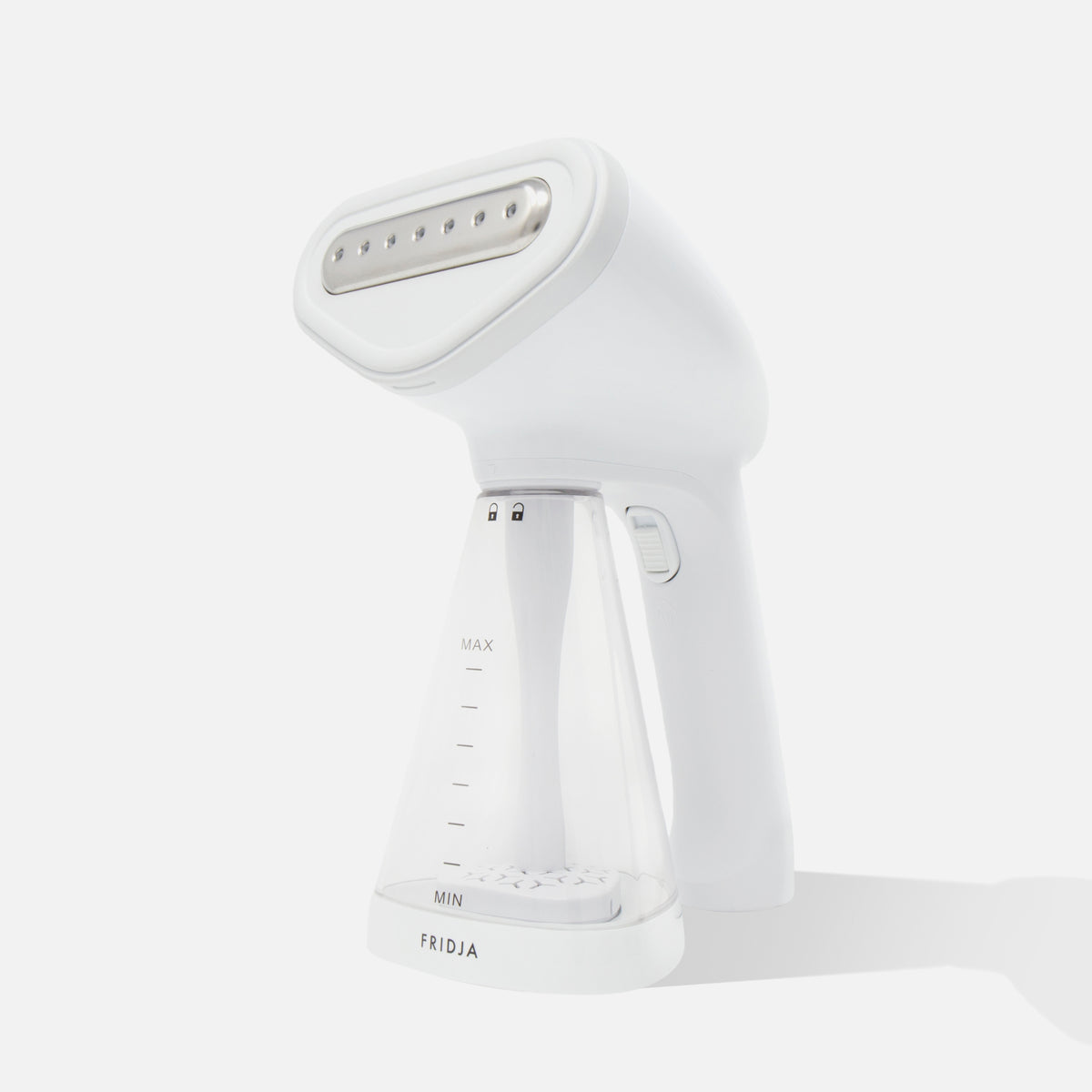 The Fridja f10 Handheld Clothes Steamer is a white device featuring a transparent water tank with clearly marked MIN and MAX levels, and the Fridja brand label at the bottom.