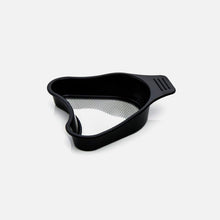 The Fridja f1900 Pulp Sieve Filter is a black plastic, triangular sink strainer with a fine mesh sieve, designed for kitchen use to deliver smoother juice and a refined juicing experience.