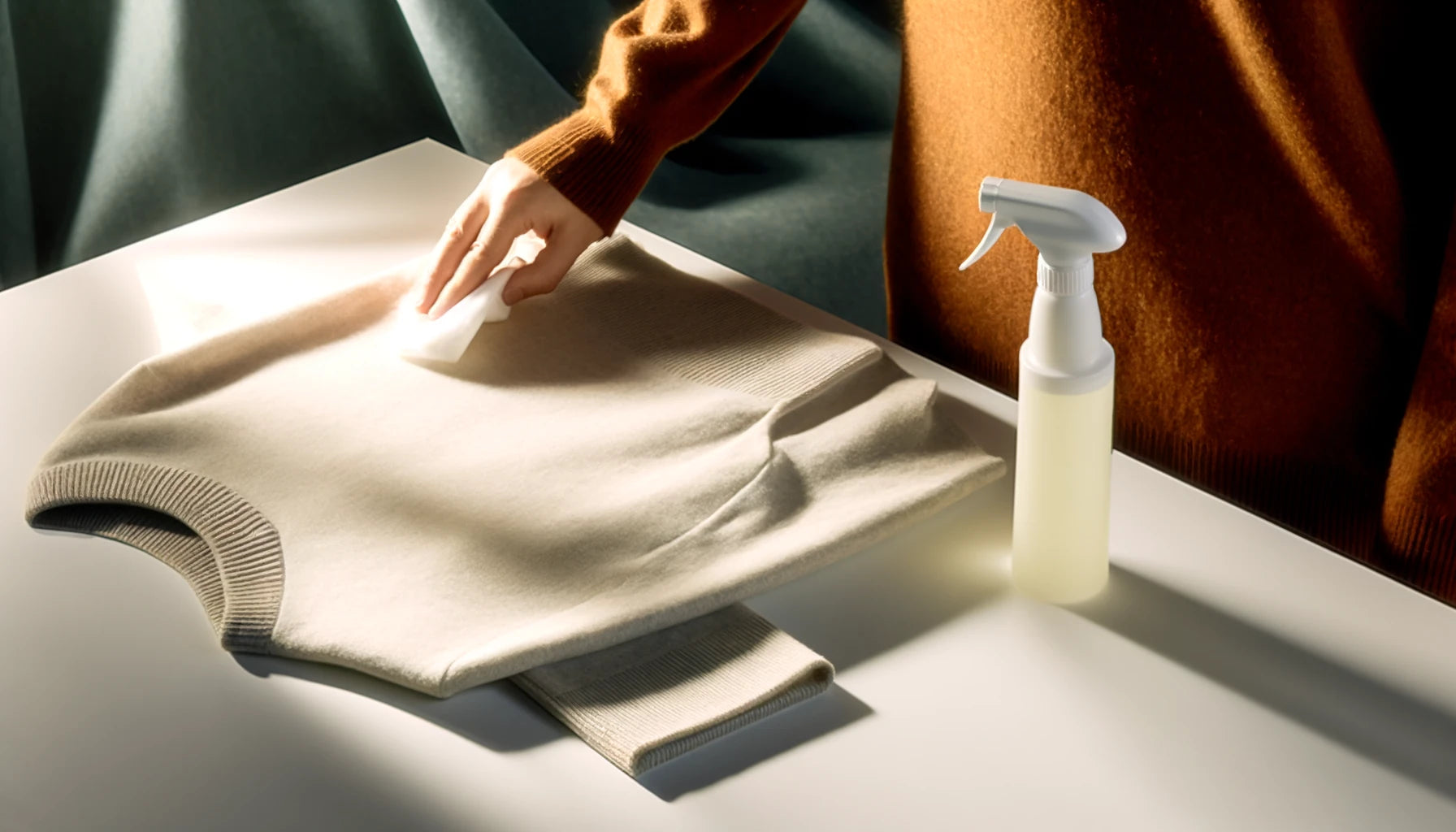 A person wearing a brown sweater wipes a cream-colored sweater on a table, next to a spray bottle of cleaning solution, under soft lighting.