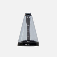 The Fridja f10 Water Tank is a transparent, cone-shaped tank for handheld clothes steamers, featuring a black base and lid, MIN/MAX markings, and the Fridja logo at the bottom—perfect for efficient garment care.