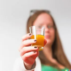 A person with long hair holds a small glass of orange liquid toward the camera, with their face out of focus and their fingernails painted dark.