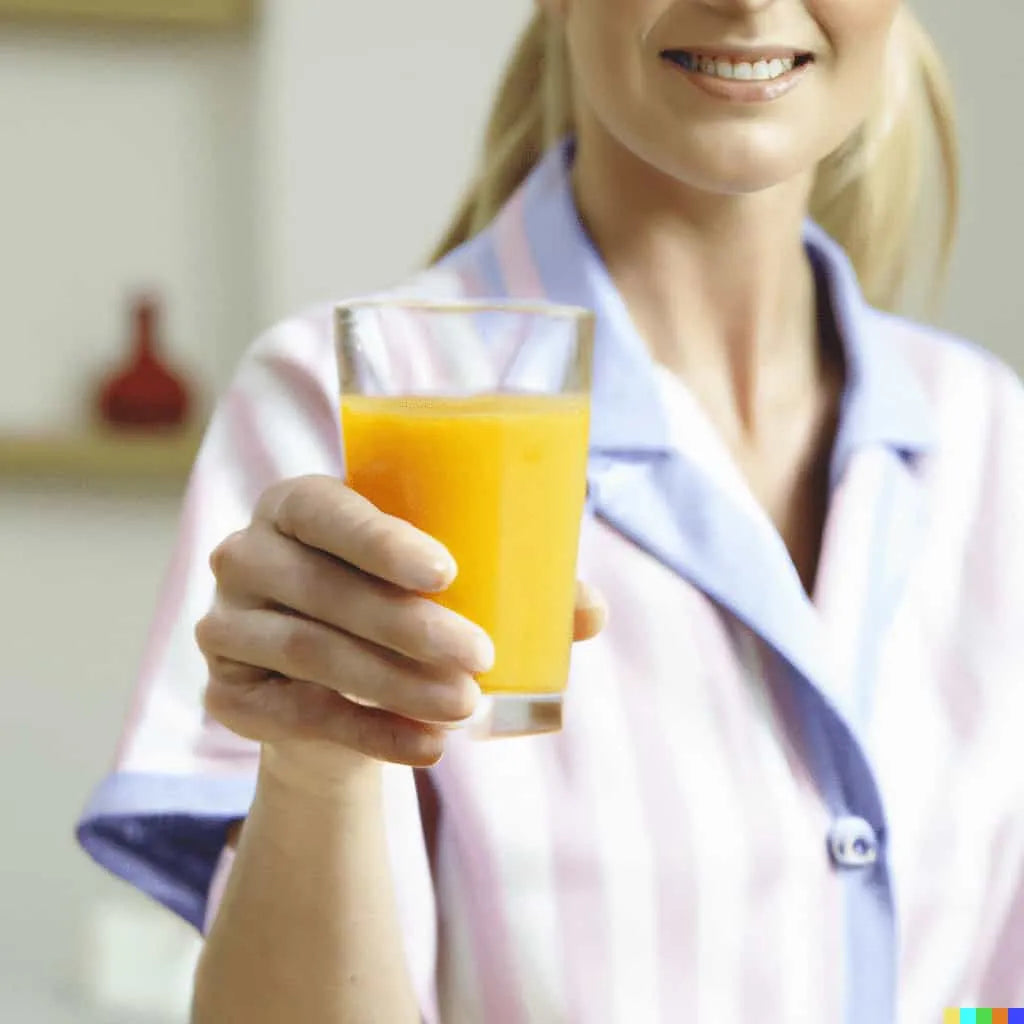 A woman in a striped shirt holds a glass of orange juice toward the camera, smiling. The background is softly blurred, showing shelves and a red object.