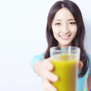 A young woman with long dark hair smiles and holds out a glass of green juice toward the camera, against a plain white background.
