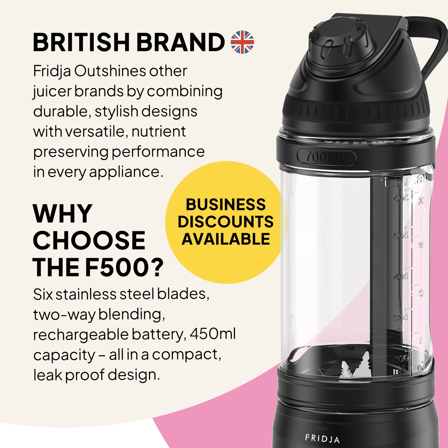 The stylish black Fridja Kitchen Trio f500 Portable Blender features six stainless steel blades, two-way blending, rechargeable battery, 450ml leak-proof design—ideal for smoothies on the move. Highlighted: British brand & “Business Discounts Available” label.