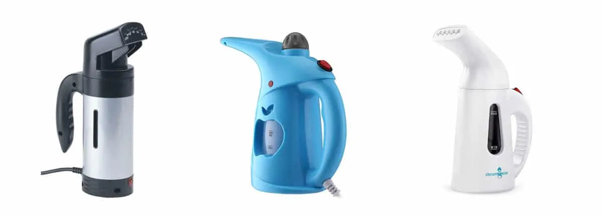 Three handheld garment steamers in different designs and colors: one silver and black, one blue, and one white, each with a water tank, handle, and steam nozzle, arranged side by side on a white background.