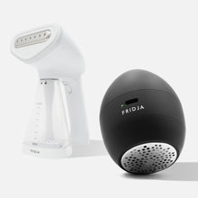 The Fridja Garment Care Duo – f10 and f40 – combines a white handheld clothes steamer and a black fabric shaver, creating the ultimate garment care set, both displayed on a plain white background.