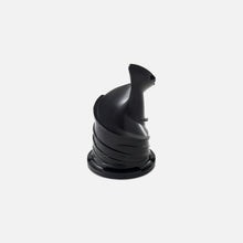 A black, spiral-shaped Fridja f2500 Auger stands upright on a light gray background. Its curved, ridged design and circular base are essential for efficient juice extraction in Self Feeding Whole Fruit Juicers.