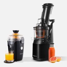 Two black Fridja Juicer Duo models—the compact f800 Automatic Citrus Juicer with a glass of orange juice and the larger f1900 Whole Fruit Juicer with a bottle—are displayed on a white background with two grapefruit slices.