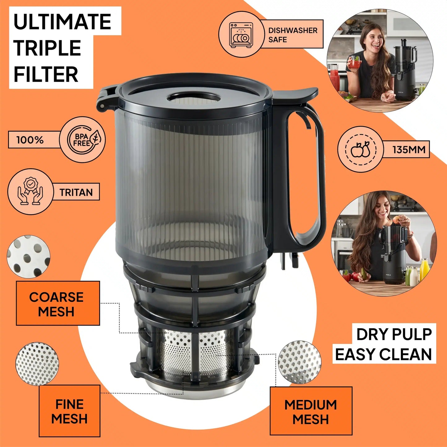 The Fridja f2500 Self Feeding Whole Fruit Juicer features triple mesh filters (coarse, medium, fine) for cold-pressed juice. 100% BPA-free Tritan, 135mm size, dishwasher safe, easy-clean dry pulp. Inset: Two women using the juicer.
