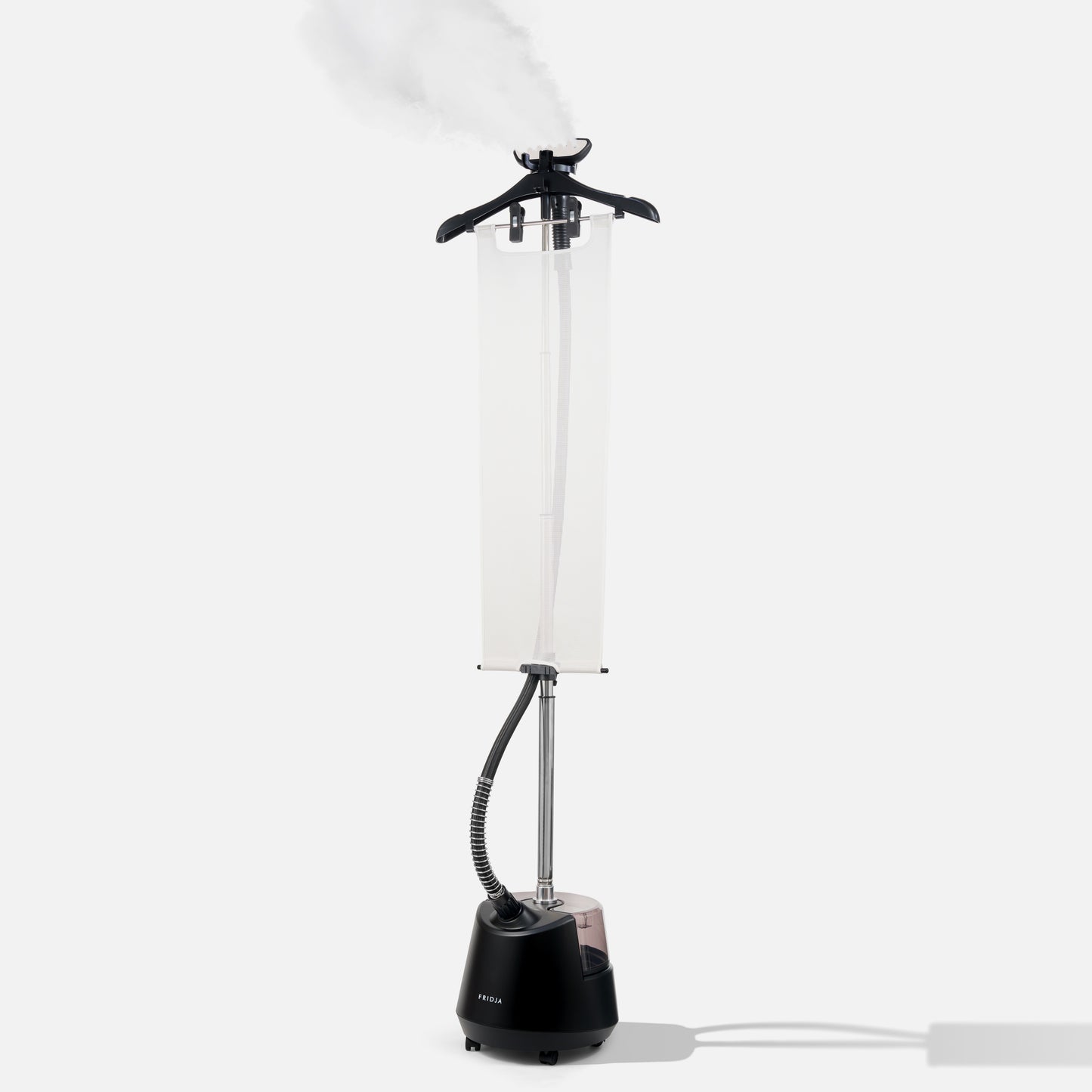 The Fridja f1200 Clothes Steamer Pro - Refurbished Grade A is a professional steamer with an upright wheeled base, long flexible hose, and clothes hanger—ideal for efficient garment care against a plain light background.