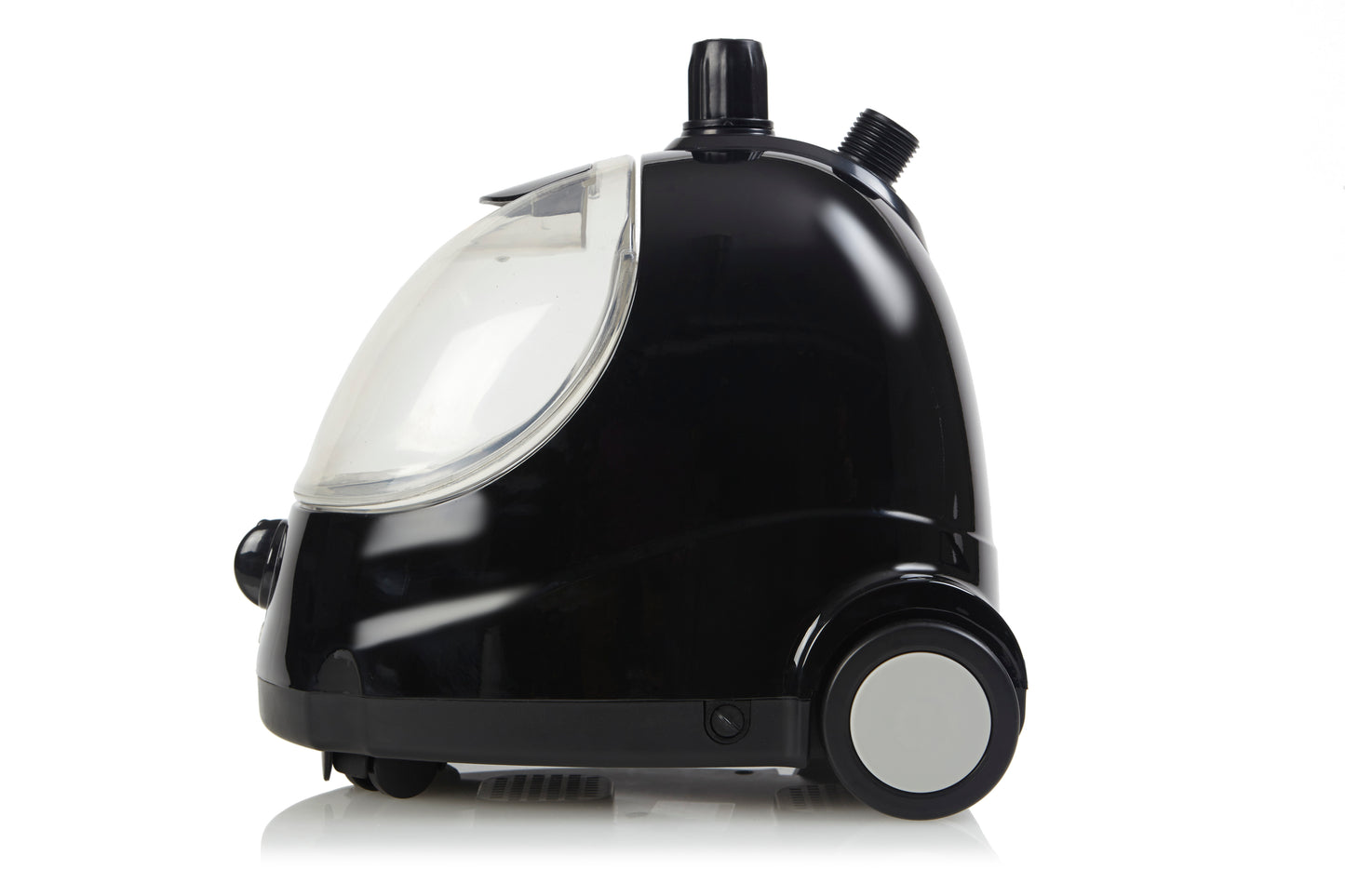 The Fridja f1000 Clothes Steamer - Refurbished Grade B in black and silver features a transparent water tank, top handle, and two wheels—ideal as a professional steamer to easily refresh your fabrics.
