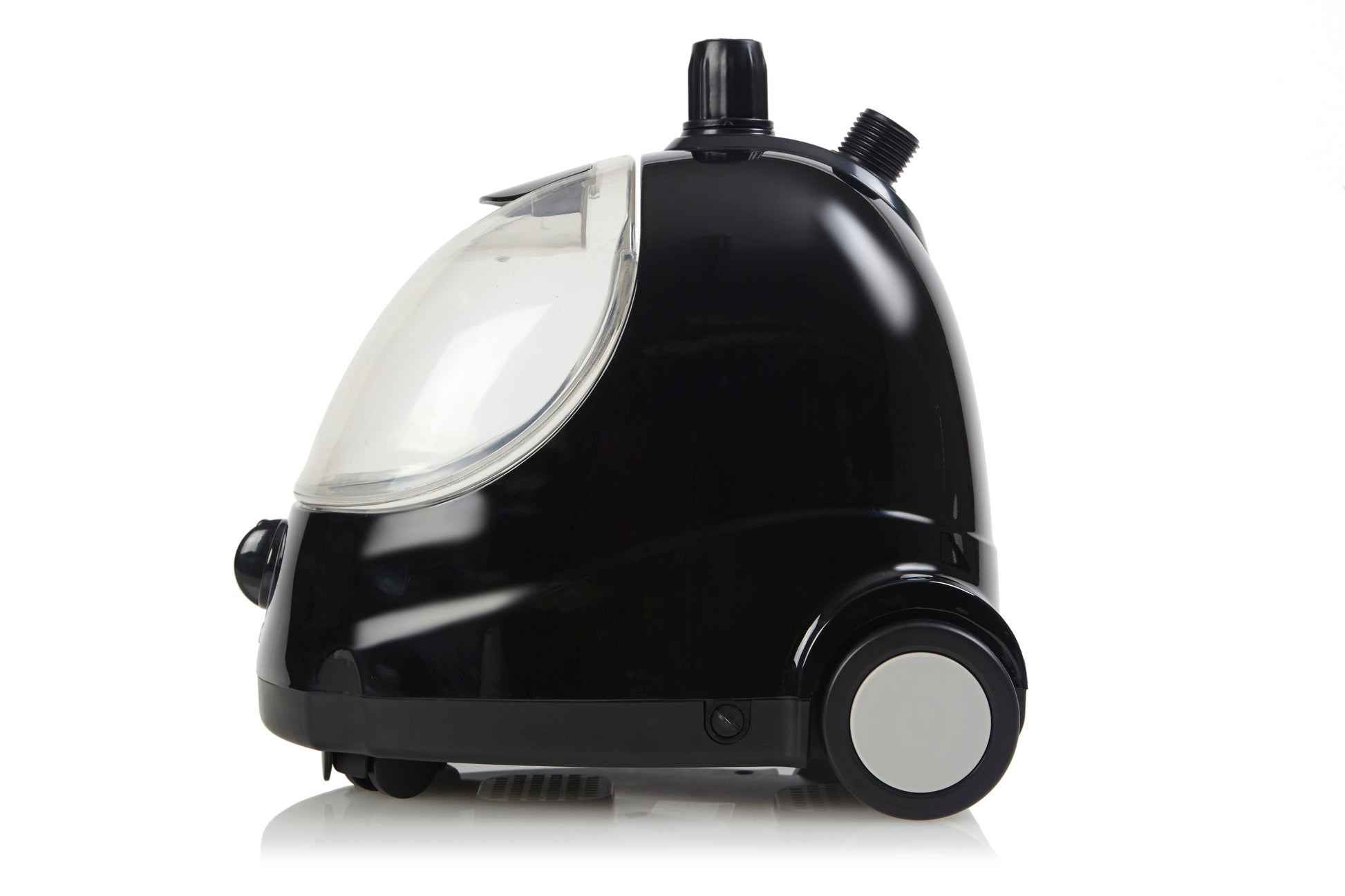 The Fridja f1000 Clothes Steamer - Refurbished Grade B in black and silver features a transparent water tank, top handle, and two wheels—ideal as a professional steamer to easily refresh your fabrics.