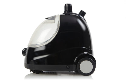 The Fridja f1000 Clothes Steamer - Refurbished Grade B in black and silver features a transparent water tank, top handle, and two wheels—ideal as a professional steamer to easily refresh your fabrics.