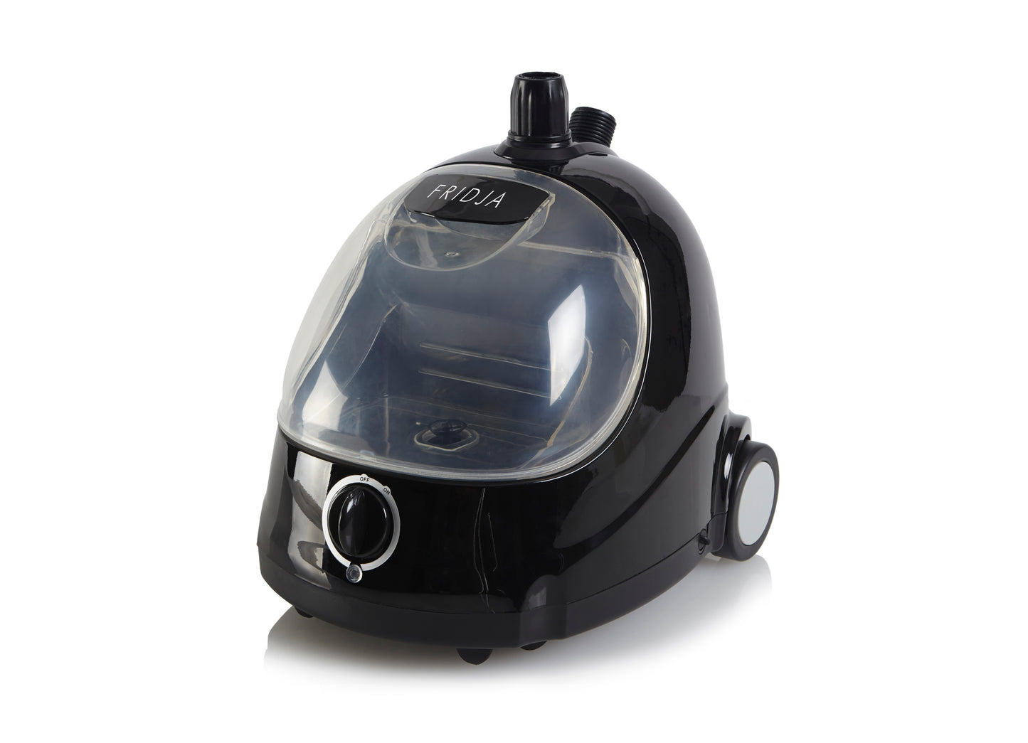 The Fridja f1000 Clothes Steamer - Refurbished Grade B, in black and transparent with a rounded design, dial on the front, and side wheels, is ideal for refreshing fabrics. Shown against a white background.