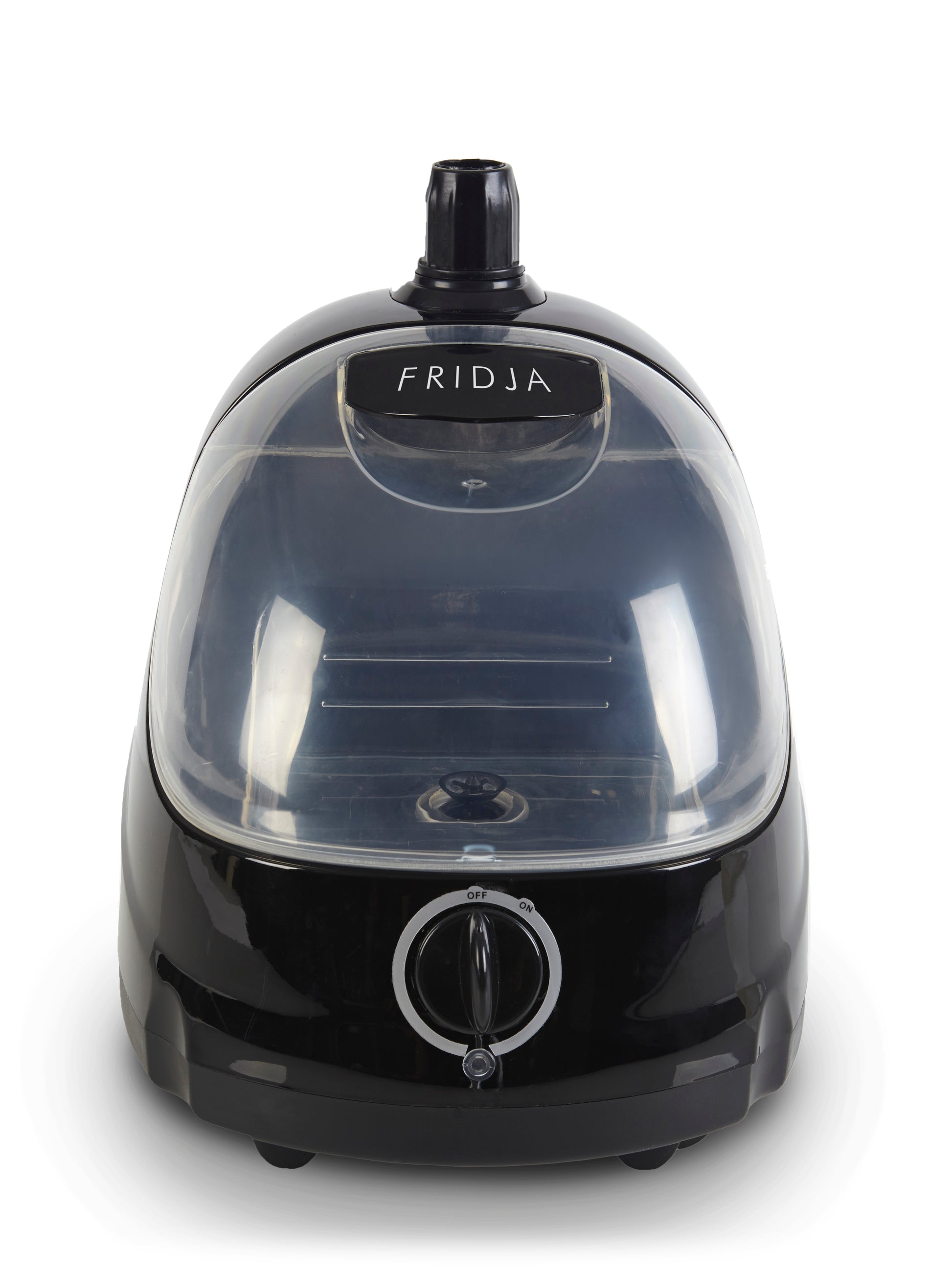 A refurbished Grade B Fridja f1000 Clothes Steamer in black and transparent, featuring a rounded top, front control knob, and clear water tank, designed to refresh fabrics, shown on a white background.