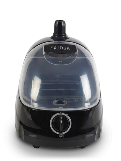 A refurbished Grade B Fridja f1000 Clothes Steamer in black and transparent, featuring a rounded top, front control knob, and clear water tank, designed to refresh fabrics, shown on a white background.