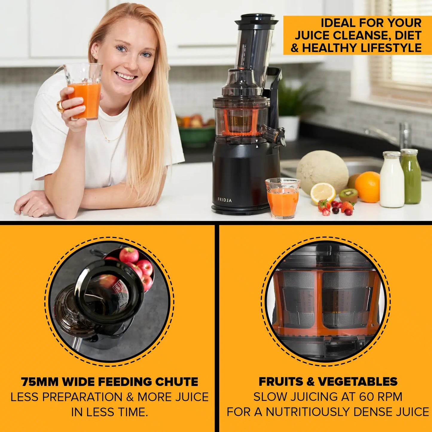 A woman smiles holding a glass of juice beside the Fridja f1900 Whole Fruit Juicer on the kitchen counter with fruits. Close-ups showcase its wide feeding chute and slow juicing for nutrient-dense results.