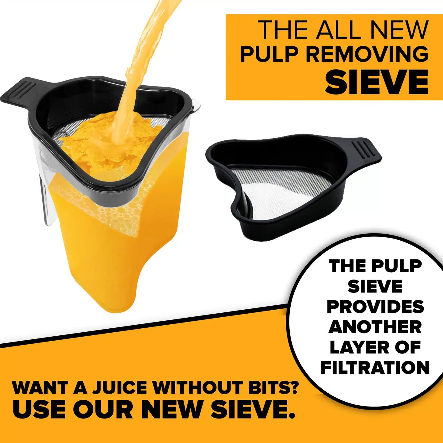 The Fridja f1900 Whole Fruit Juicer uses a black pulp-removing sieve to filter orange juice into a clear container, offering extra filtration for smoother, nutrient-rich juice without bits.