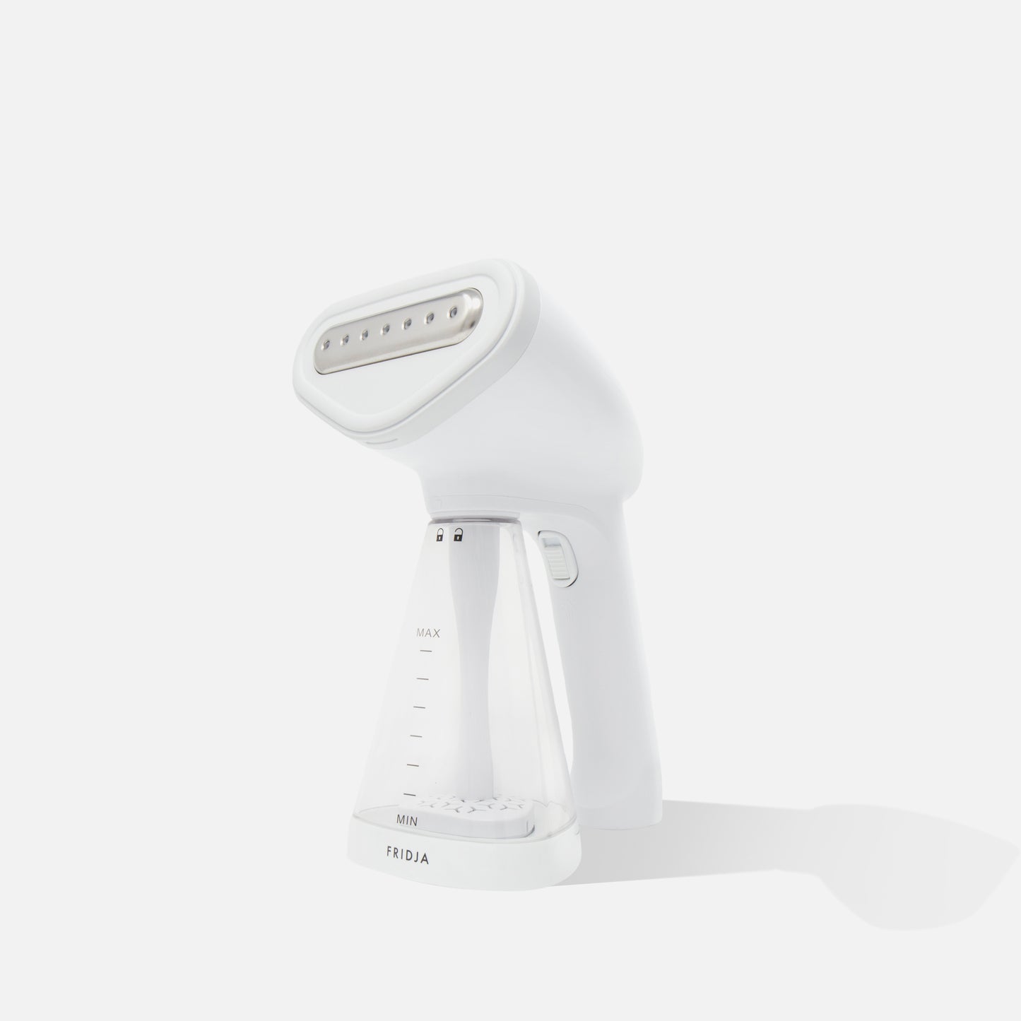 The Fridja f10 Handheld Clothes Steamer - Refurbished Grade A features a white design with a transparent MIN/MAX water tank, standing upright—ideal for at-home garment care or as a travel-friendly steamer.