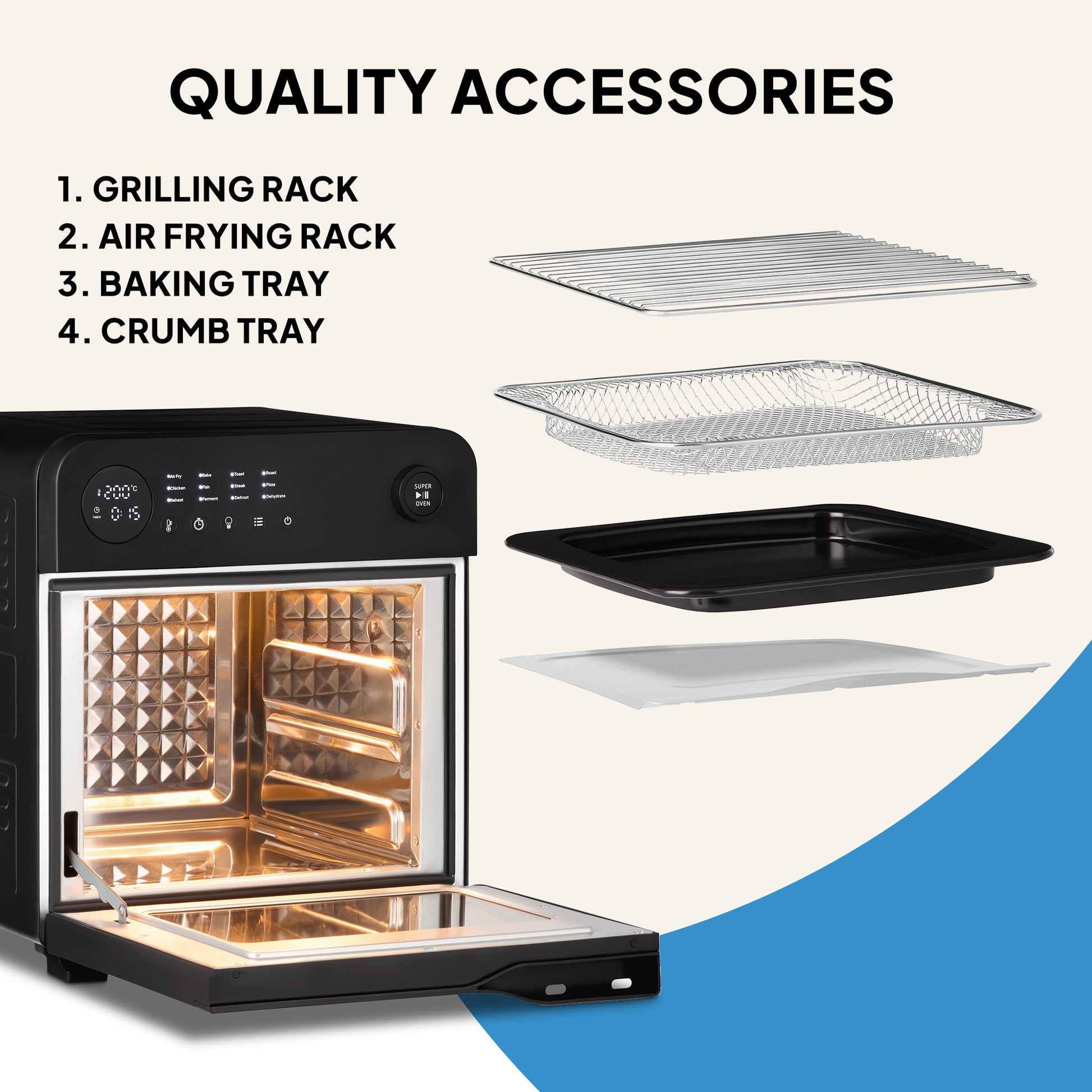 The Fridja Super Oven - 15L Digital Air Fryer Oven is shown with its door open, alongside four labeled accessories: grilling rack, air frying rack, baking tray, and crumb tray—each displayed for versatile convection cooking.