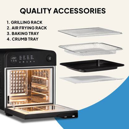 The Fridja Super Oven - 15L Digital Air Fryer Oven is shown with its door open, alongside four labeled accessories: grilling rack, air frying rack, baking tray, and crumb tray—each displayed for versatile convection cooking.