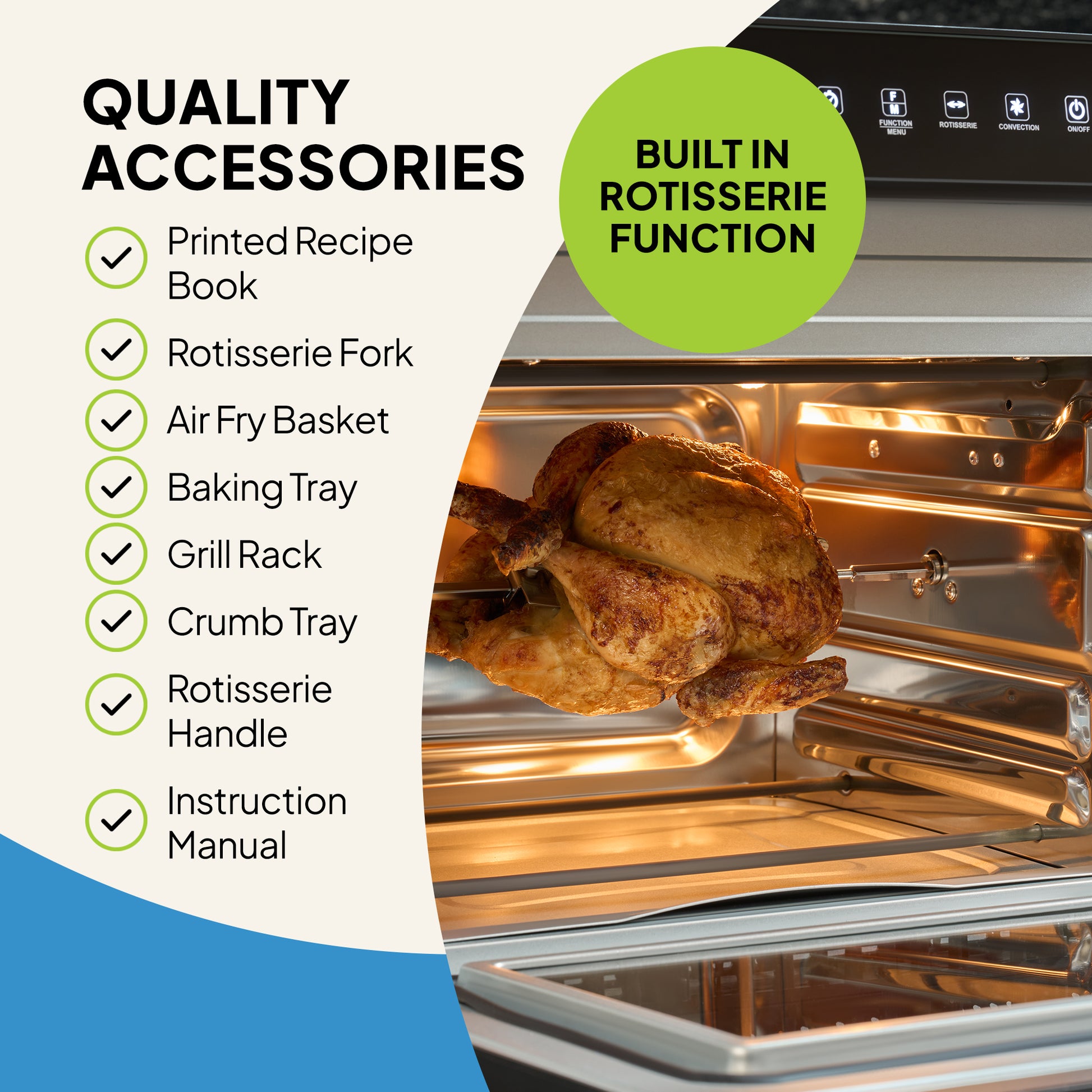 The Fridja Super Oven Pro - 30L Digital Air Fryer Oven is shown roasting a whole chicken on the rotisserie. Text highlights included accessories: recipe book, rotisserie fork, air fry basket, baking tray, grill rack, crumb tray, handle & manual.