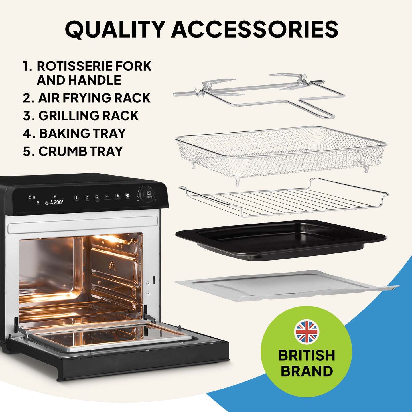 The Fridja Super Oven Pro - 30L Digital Air Fryer Oven is shown open with labeled accessories: rotisserie fork and handle, air frying rack, grilling rack, baking tray, and crumb tray. A British flag icon and “British brand” text are in the corner.