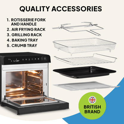 The Fridja Super Oven Pro - 30L Digital Air Fryer Oven is shown open with labeled accessories: rotisserie fork and handle, air frying rack, grilling rack, baking tray, and crumb tray. A British flag icon and “British brand” text are in the corner.