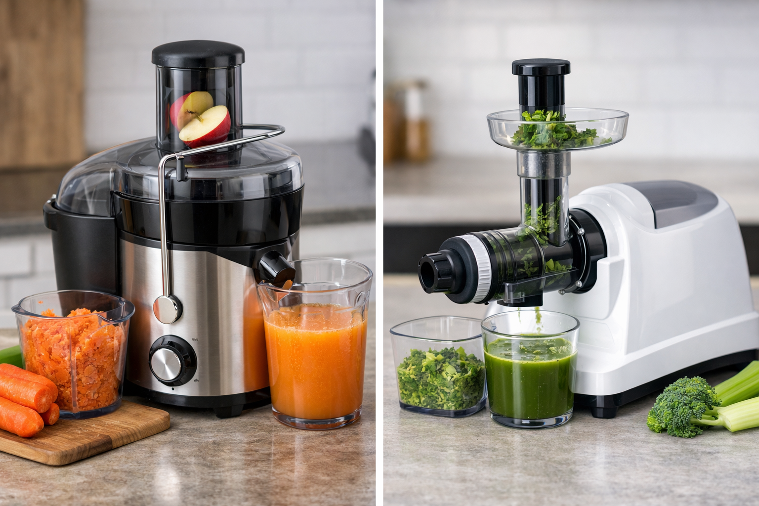 Side-by-side comparison of a centrifugal juicer with orange juice and pulp on the left, and a masticating juicer with green juice and pulp on the right, on a kitchen counter with vegetables nearby.