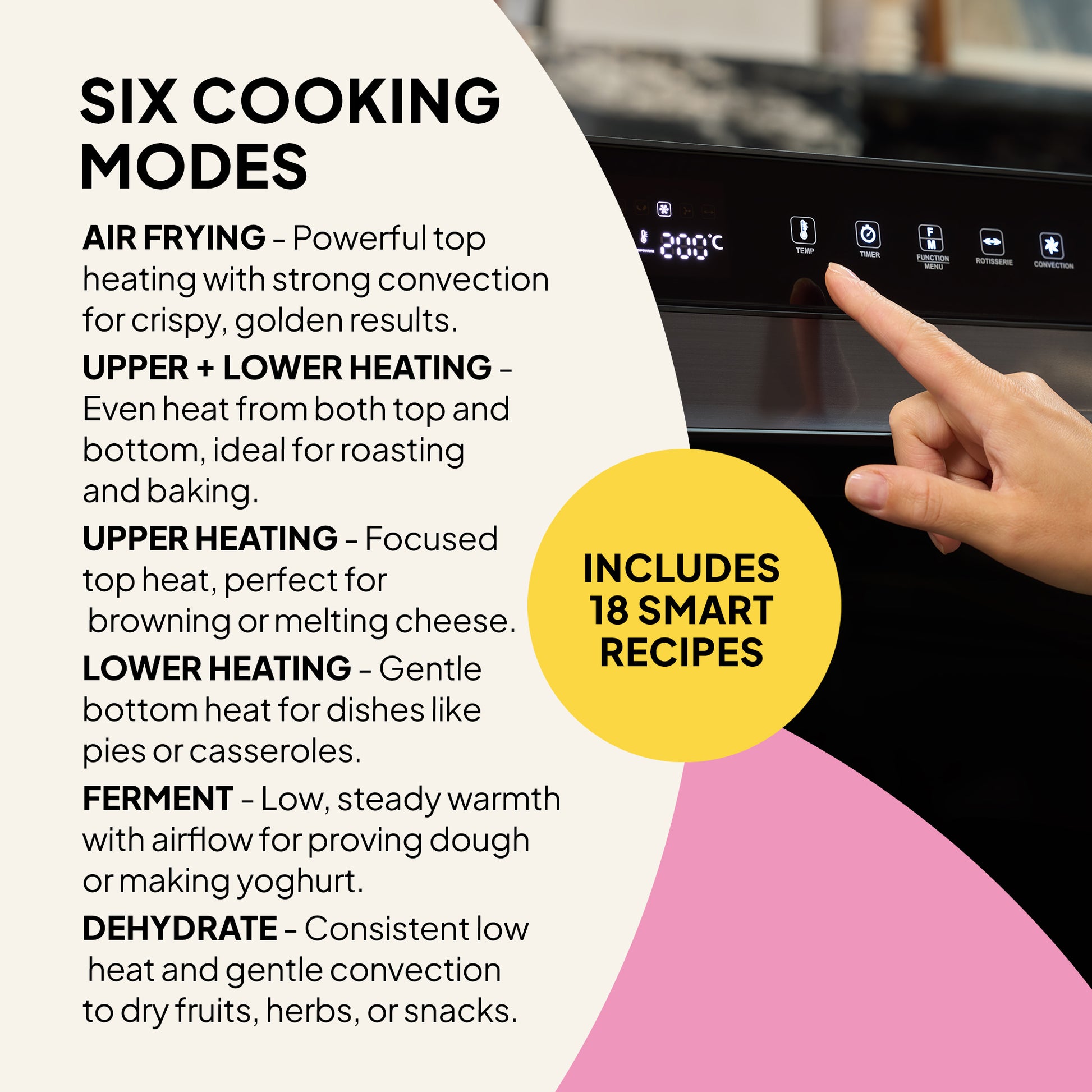 A hand presses a button on the Fridja Super Oven Pro - 30L Digital Air Fryer Oven. Six modes like air fry, ferment, and dehydrate are listed. A yellow circle highlights “Includes 18 smart recipes,” showing this oven’s versatility.