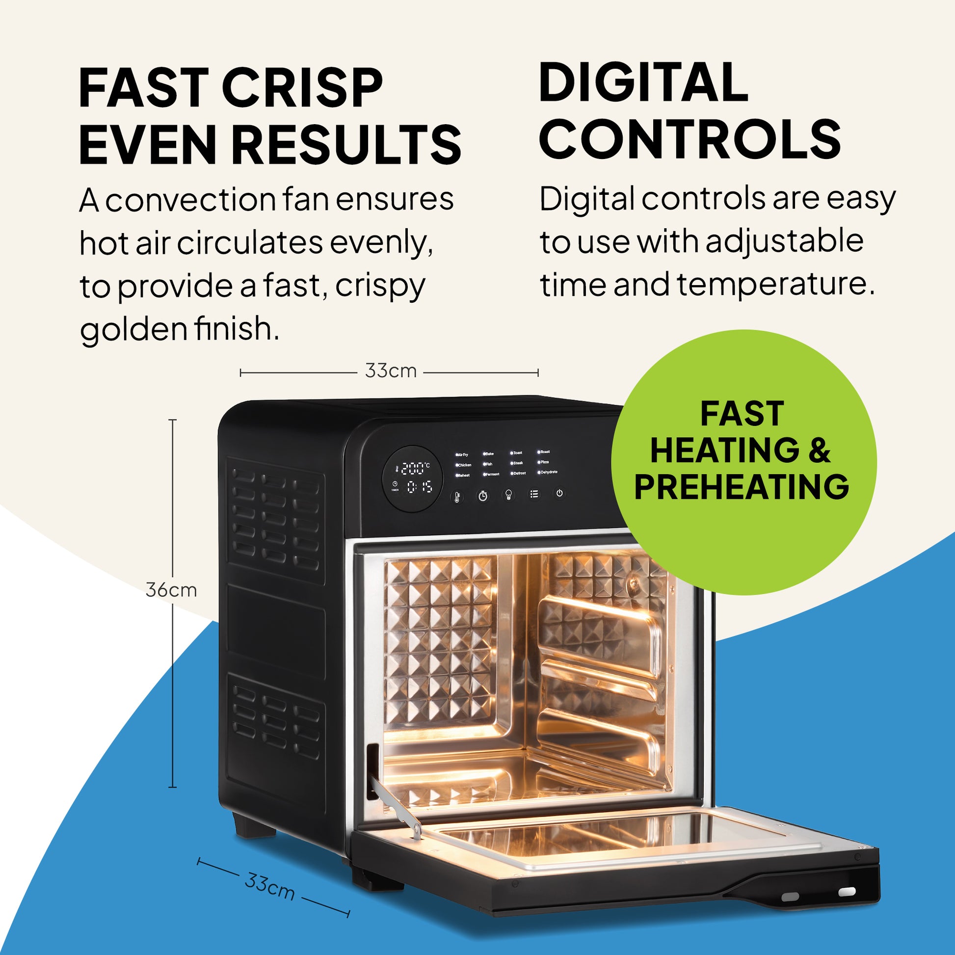 The Fridja Super Oven - 15L Digital Air Fryer Oven (33x36x33 cm) is shown with an open glass door and lit interior. Features include fast crisp results, digital controls, 12 smart presets, convection cooking, and rapid heat/preheat.