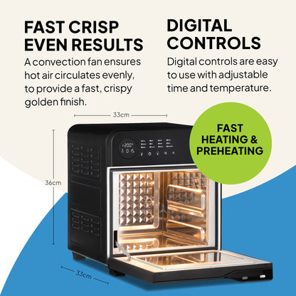 The Fridja Super Oven - 15L Digital Air Fryer Oven (33x36x33 cm) is shown with an open glass door and lit interior. Features include fast crisp results, digital controls, 12 smart presets, convection cooking, and rapid heat/preheat.