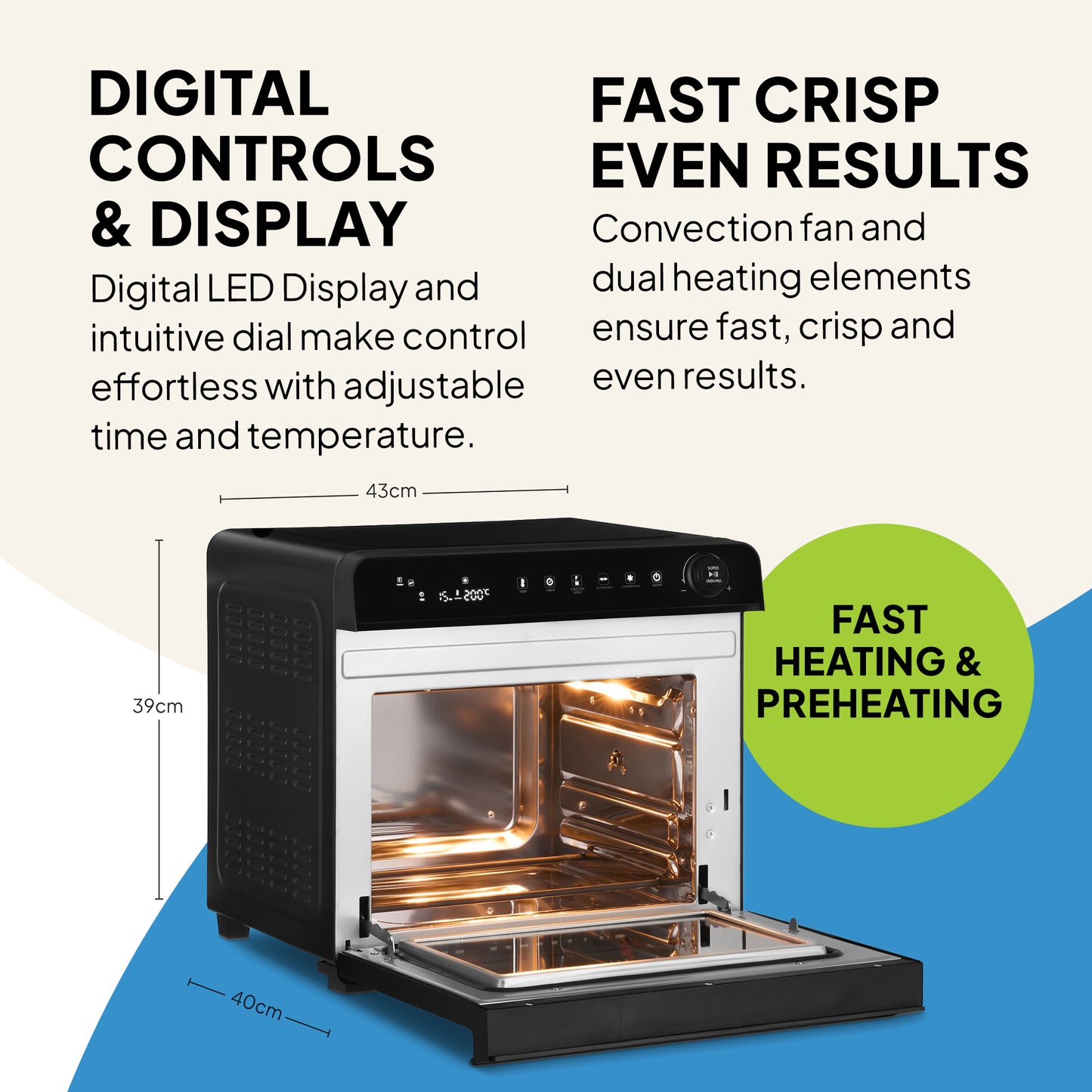 The Fridja Super Oven Pro - 30L Digital Air Fryer Oven in black features a spacious interior, LED display, digital controls, versatile heating, and fast crisp results. Dimensions: 43cm wide, 39cm high, 40cm deep.