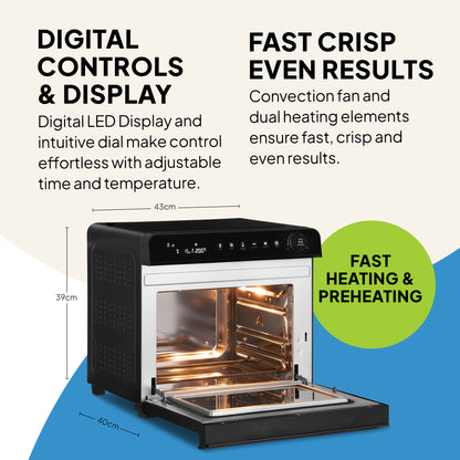 The Fridja Super Oven Pro - 30L Digital Air Fryer Oven in black features a spacious interior, LED display, digital controls, versatile heating, and fast crisp results. Dimensions: 43cm wide, 39cm high, 40cm deep.