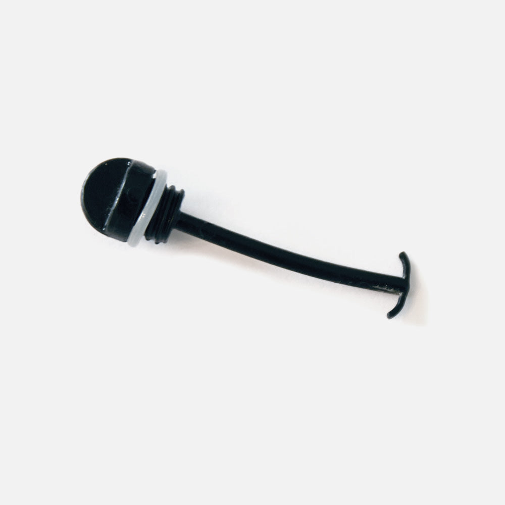 The Fridja f1000 & f1400 Drainage Valve is a black plastic valve with a rounded top, two white rings, a long curved stem, and flat T-shaped end—perfect for limescale prevention with Fridja vertical clothes steamers. Plain white background.