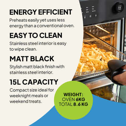 The Fridja Super Oven - 15L Digital Air Fryer Oven features 12 smart presets, energy efficiency, an easy-clean stainless steel interior, a stylish matt black finish, and weighs 6kg (oven) or 8.6kg total.