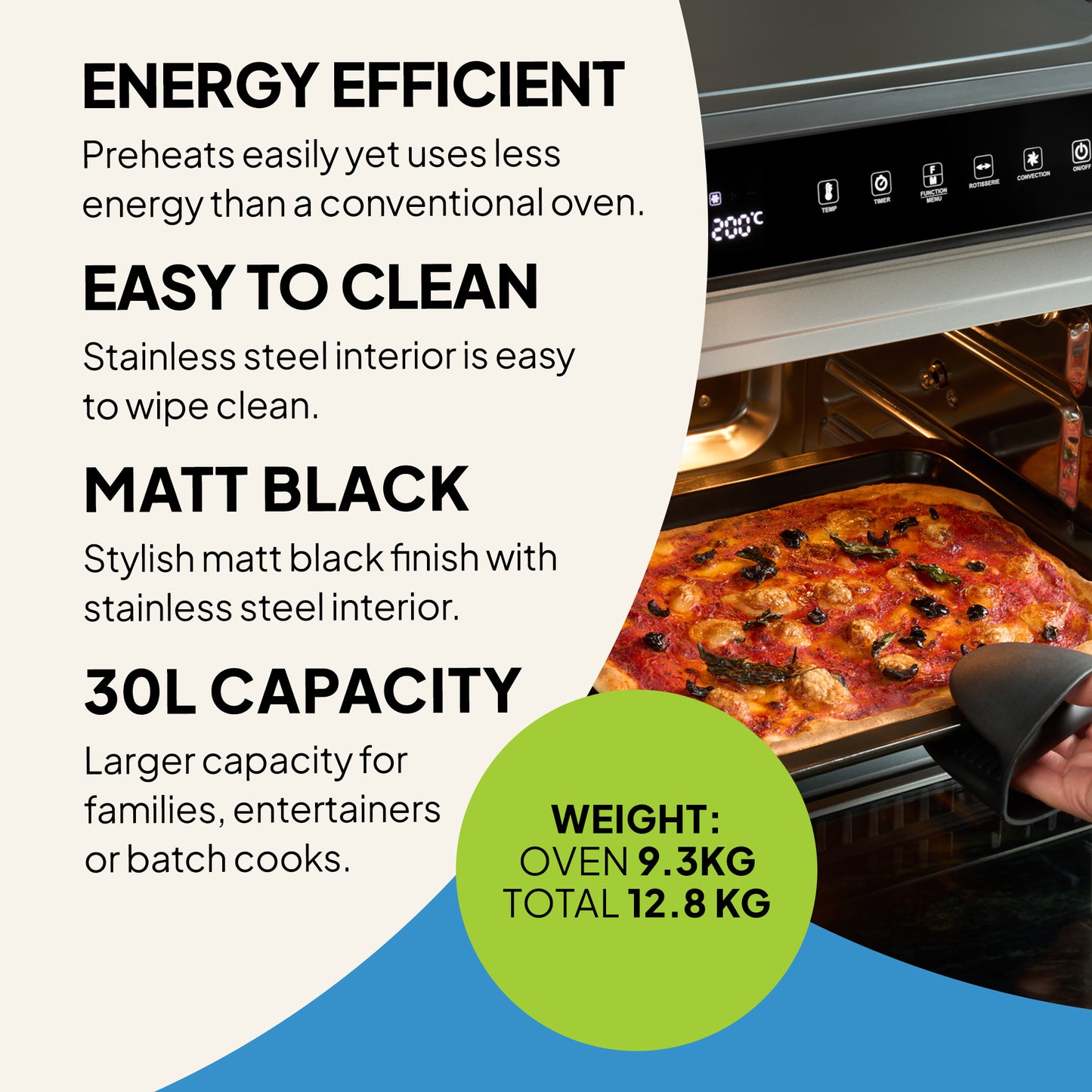 A graphic showcases Fridja’s Super Oven Pro - 30L Digital Air Fryer Oven: energy efficient, easy-clean stainless steel interior, matt black finish, 30L capacity, weights (oven: 9.3kg, total: 12.8kg), plus an oven tray with pizza.