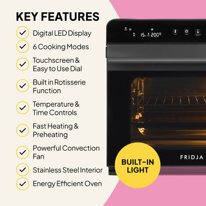 The Fridja Super Oven Pro - 30L Digital Air Fryer Oven is shown with its lit interior, highlighting features like an LED display, 6 cooking modes, touchscreen, rotisserie function, temperature controls, convection fan, stainless steel interior, and energy efficiency.