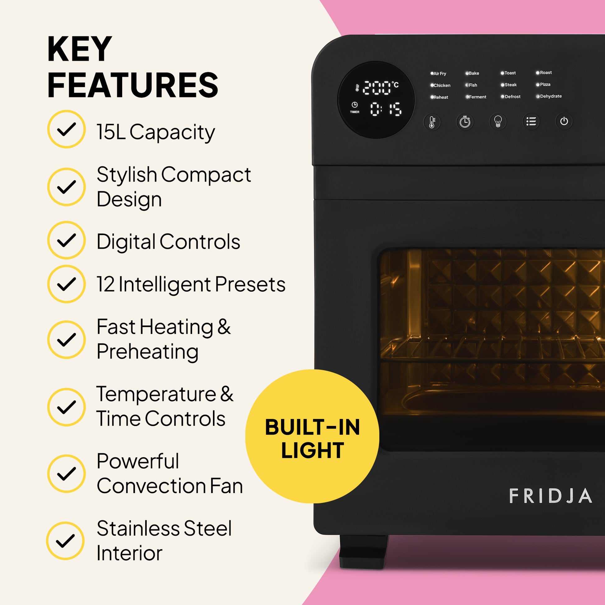 A Fridja Super Oven - 15L Digital Air Fryer Oven in black with a glass door is shown. To the left, text highlights features like digital controls, 12 presets, stainless steel interior, convection fan, and built-in light.