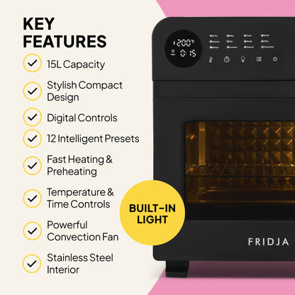 A Fridja Super Oven - 15L Digital Air Fryer Oven in black with a glass door is shown. To the left, text highlights features like digital controls, 12 presets, stainless steel interior, convection fan, and built-in light.