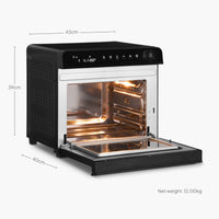 A black countertop oven with an open door, interior light on, and touch control panel on top. Dimensions are 43 cm wide, 39 cm tall, and 40 cm deep. Net weight is 12 kg.