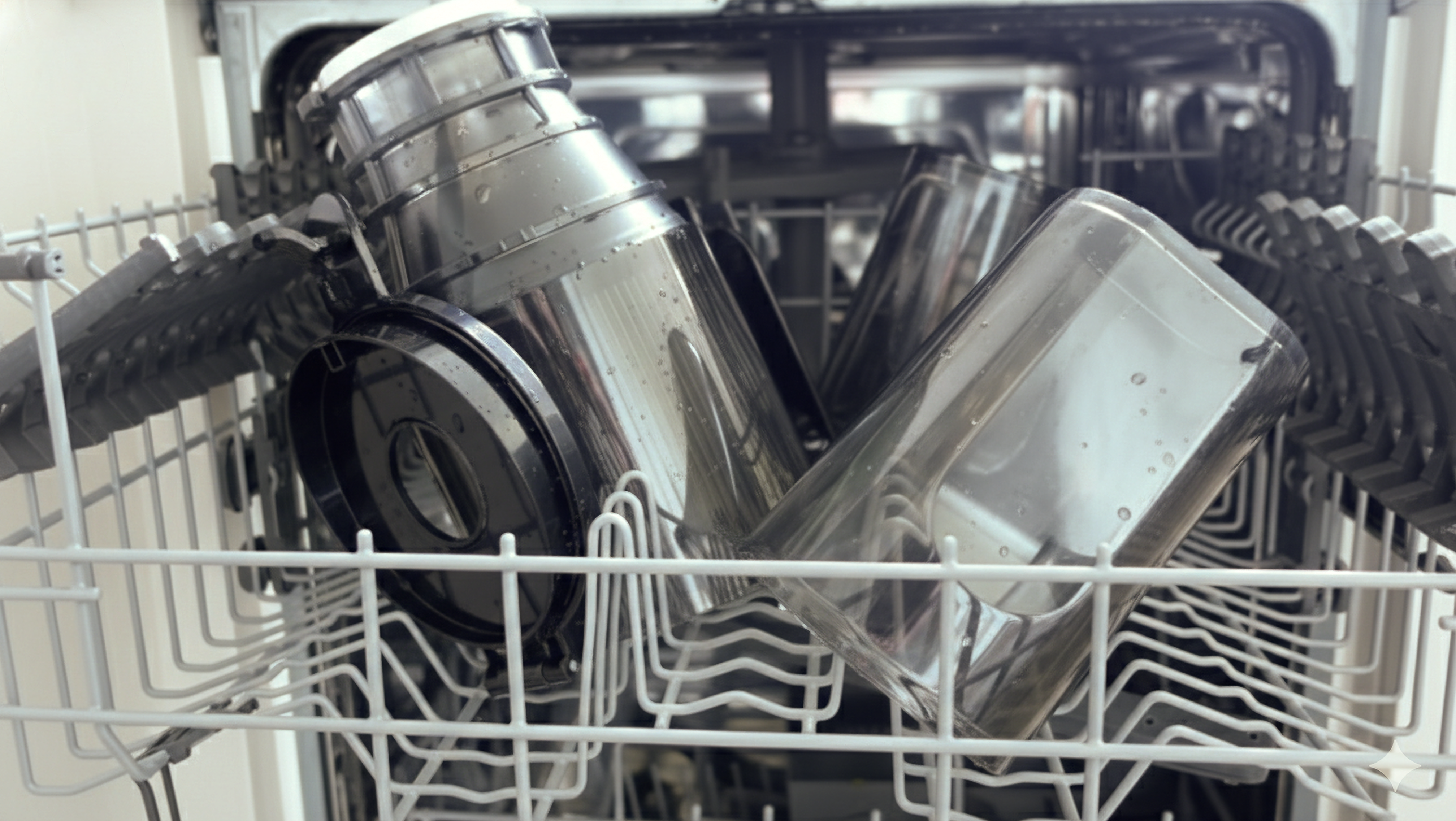 Large blender parts and lids placed on the top rack of an open dishwasher, ready to be cleaned.