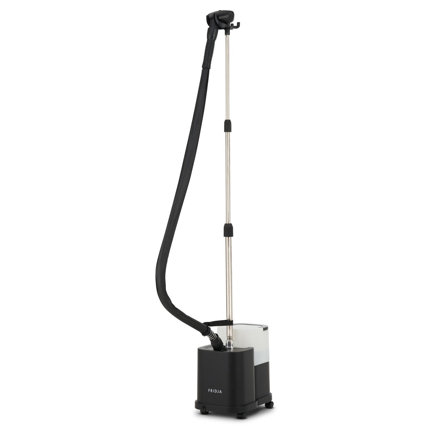 The Fridja f1600 Commercial Clothes Steamer features a black base, transparent water tank, adjustable metal pole, and flexible black hose with a handheld nozzle—ideal for efficient garment care.