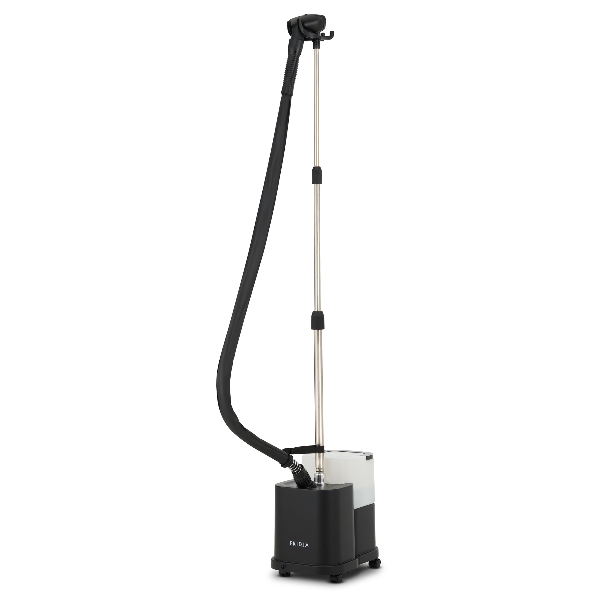 The Fridja f1600 Commercial Clothes Steamer features a black base, transparent water tank, adjustable metal pole, and flexible black hose with a handheld nozzle—ideal for efficient garment care.